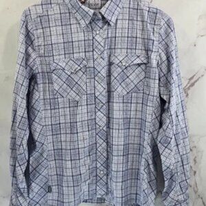 Simms Shirt Women Medium Purple Blue Button Up Long Plaid Vented Fishing Guide